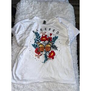 Alya girls sz. XS "Blessed" butterfly/floral top. Pretty, grt. quality